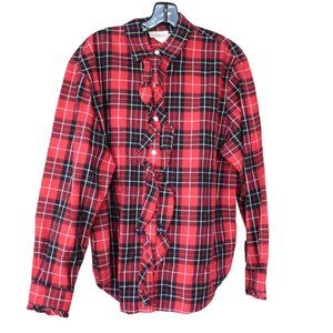 Vintage Women's Jones NY Sport Red Plaid Ruffle Button Top L